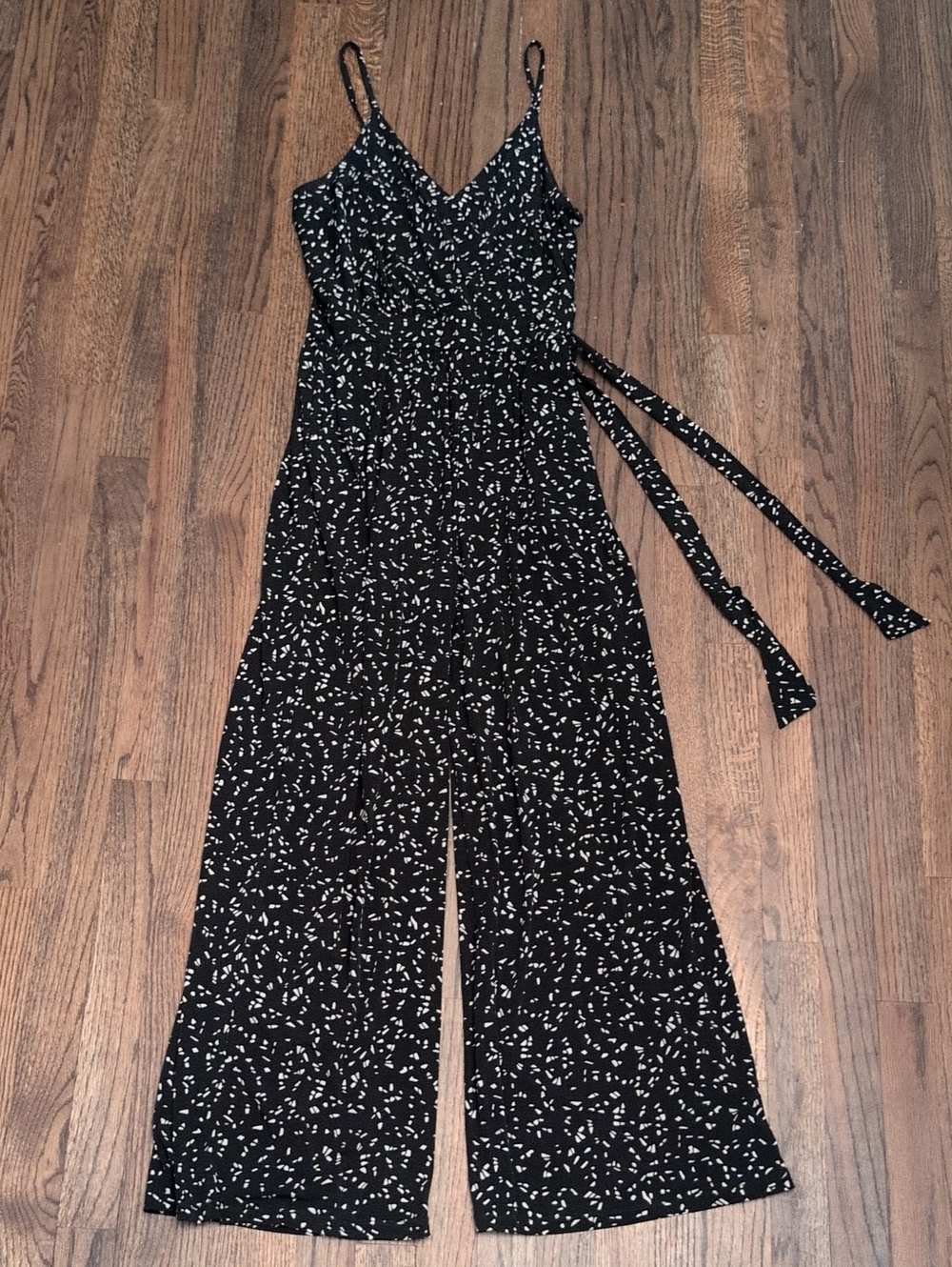 Kaileigh Black Spaghetti-Strap Printed Wide-Leg Jumpsuit